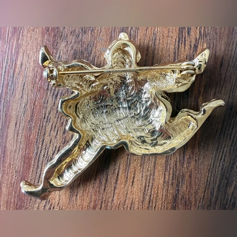 Vintage Gold Tone Rhinestone Enamel and Red Clown Brooch Pin Leaping